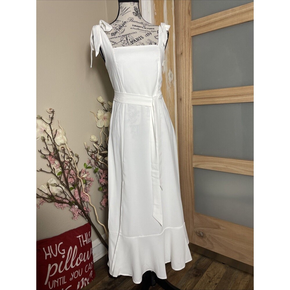 White Cottagecore Dress Womens Small Tie Strap Boho Summer Romantic Minimalist